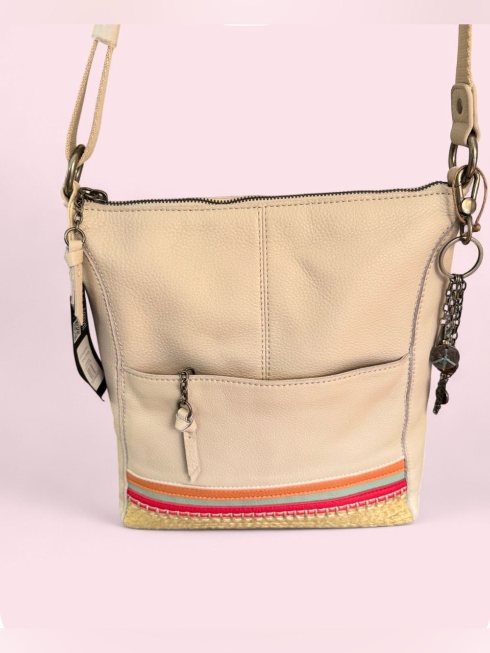 The Sak Cream Leather Crossbody with Multicolor Stripes, Woven Trim & Bag Charm